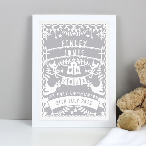 Personalised Grey Papercut Style 1st Holy Communion Framed Print