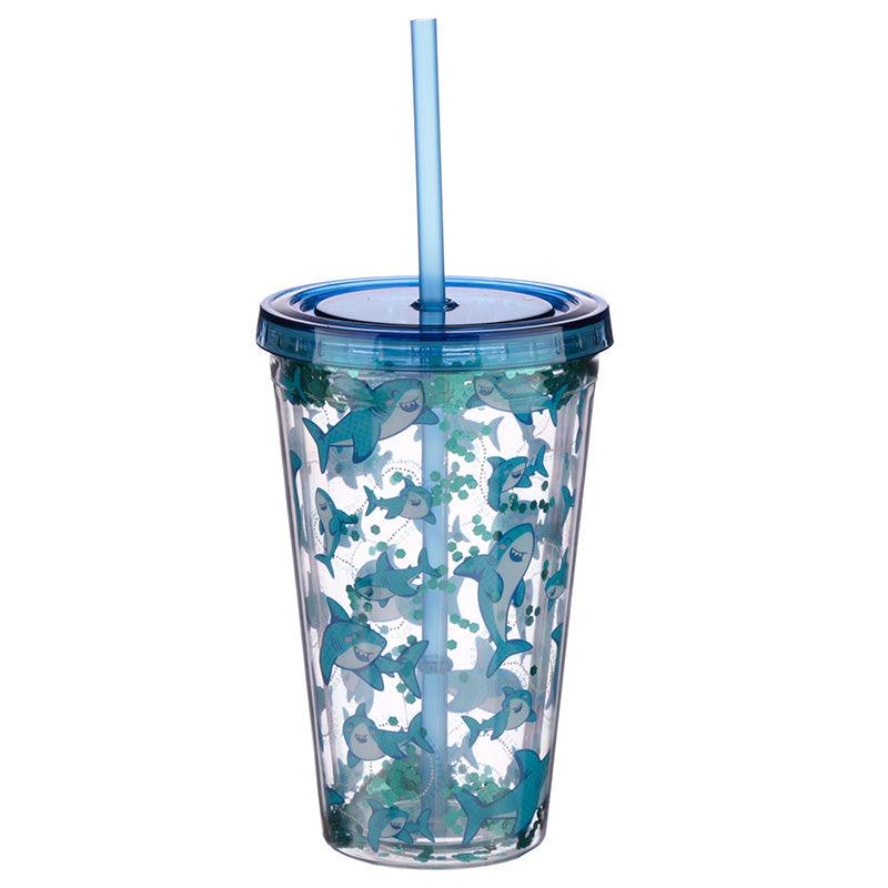 Shark Design Glitter Double Walled Cup with Lid and Straw