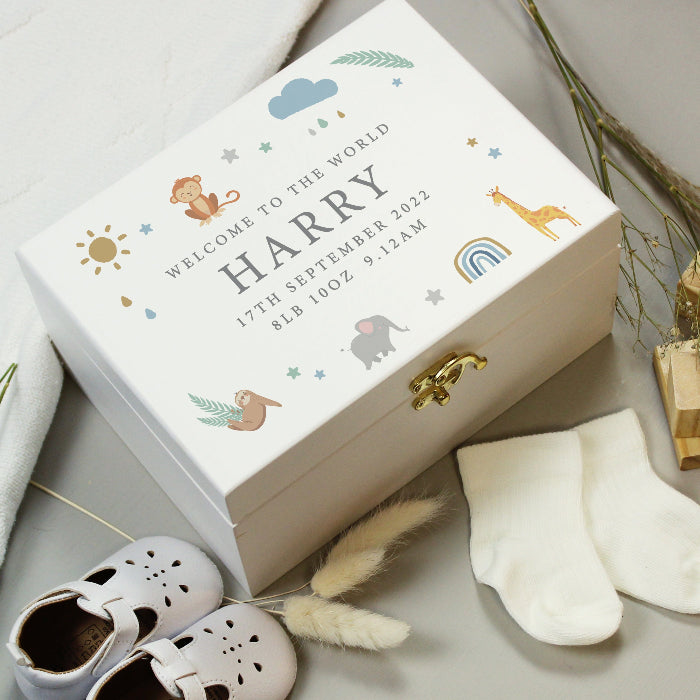 Personalised Safari Animals New Baby Memory Wooden Keepsake Box