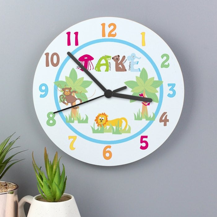 Personalised Animal Alphabet Boys Wooden Clock - Myhappymoments.co.uk