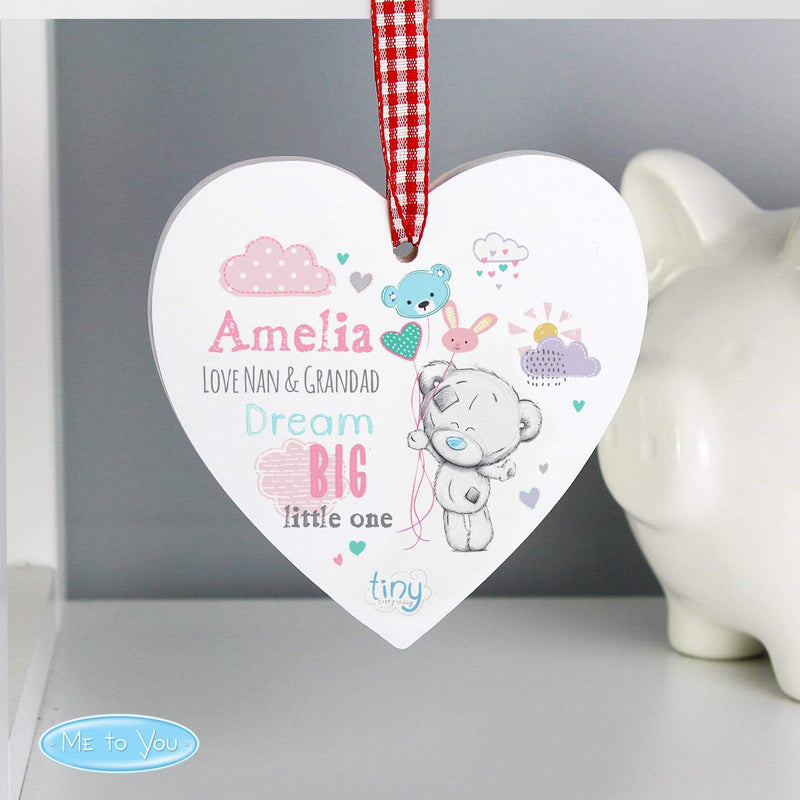 Personalised Tiny Tatty Teddy Dream Big Pink Wooden Heart Decoration - Myhappymoments.co.uk