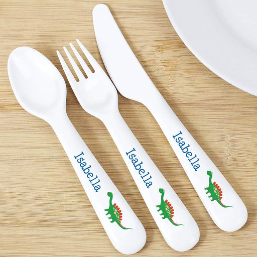 Personalised Dinosaur 3 Piece Plastic Cutlery Set - Myhappymoments.co.uk