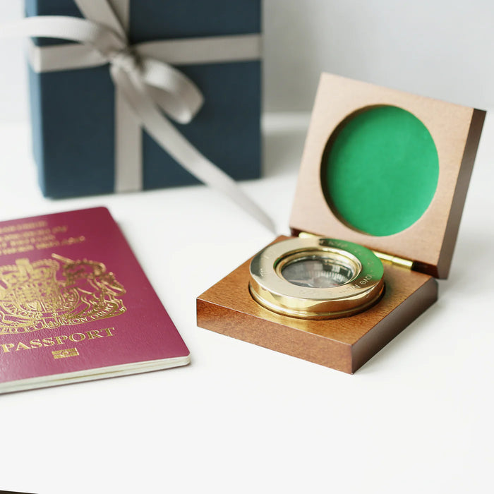 Personalised Engraved Brass Gold Compass With Timber Box & Gift Box