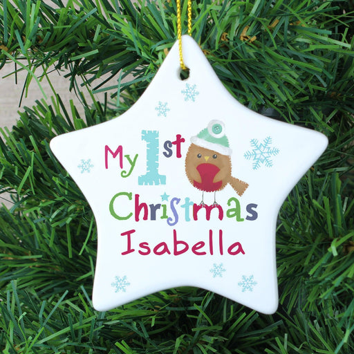 Personalised Felt Stitch Robin 'My 1st Christmas' Ceramic Star Decoration - Myhappymoments.co.uk