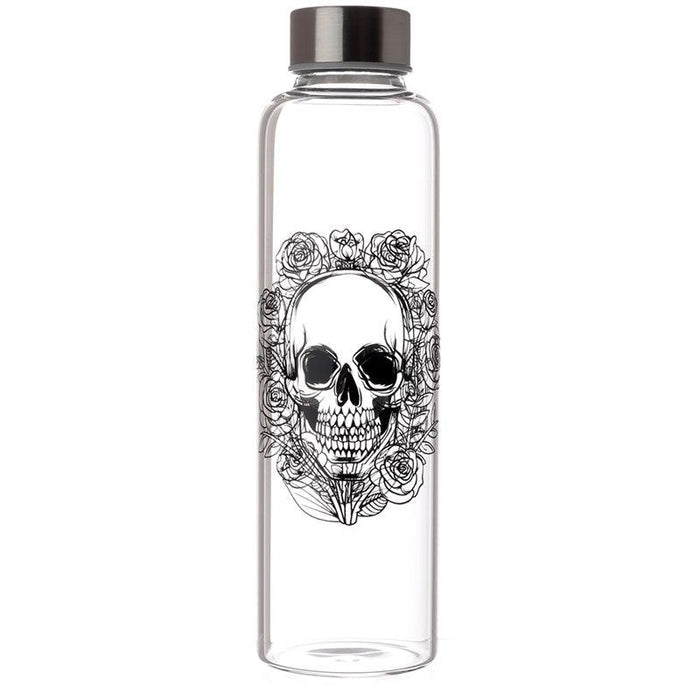 Skulls & Roses Reusable Glass Water Bottle with Protective Neoprene Sleeve with Strap