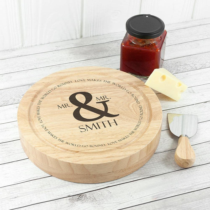 Personalised Mr & Mr Love Makes The World Go Round Cheese Board Set