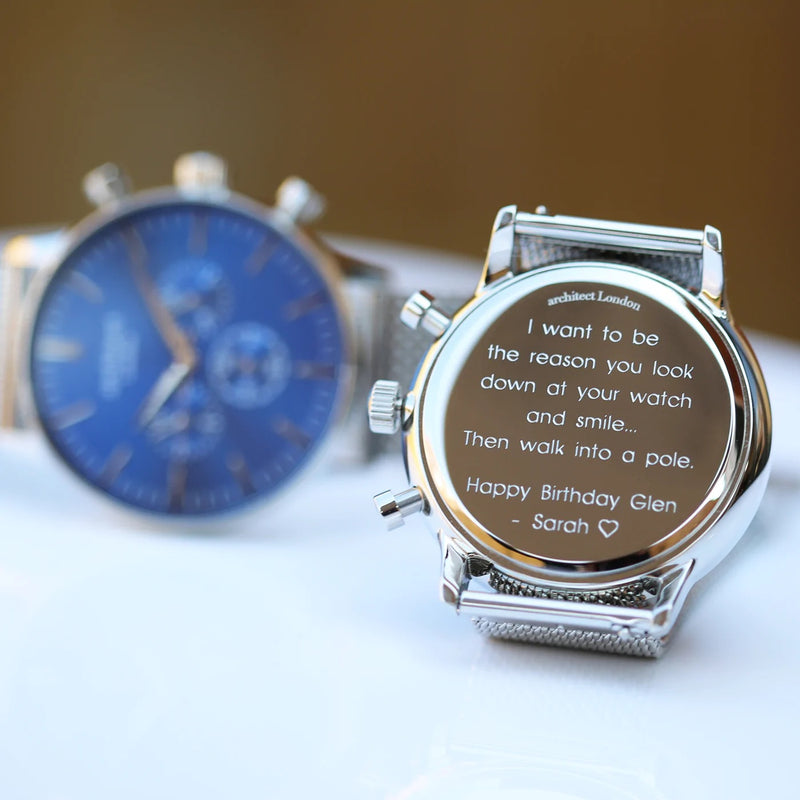 Personalised Men's Architect Motivator Watch In Blue With Silver Mesh Strap