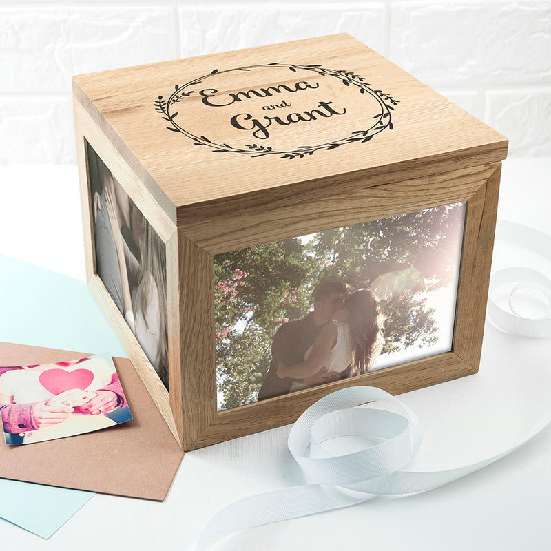 Personalised Couple's Oak Photo Keepsake Box with Wreath Design