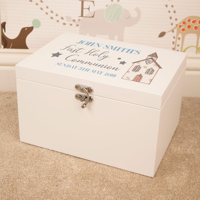 Personalised First Holy Communion White Keepsake Box for a Boy - Myhappymoments.co.uk