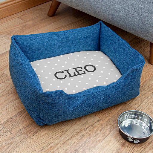Personalised Blue Comfort Dog Bed with Grey Spots Design