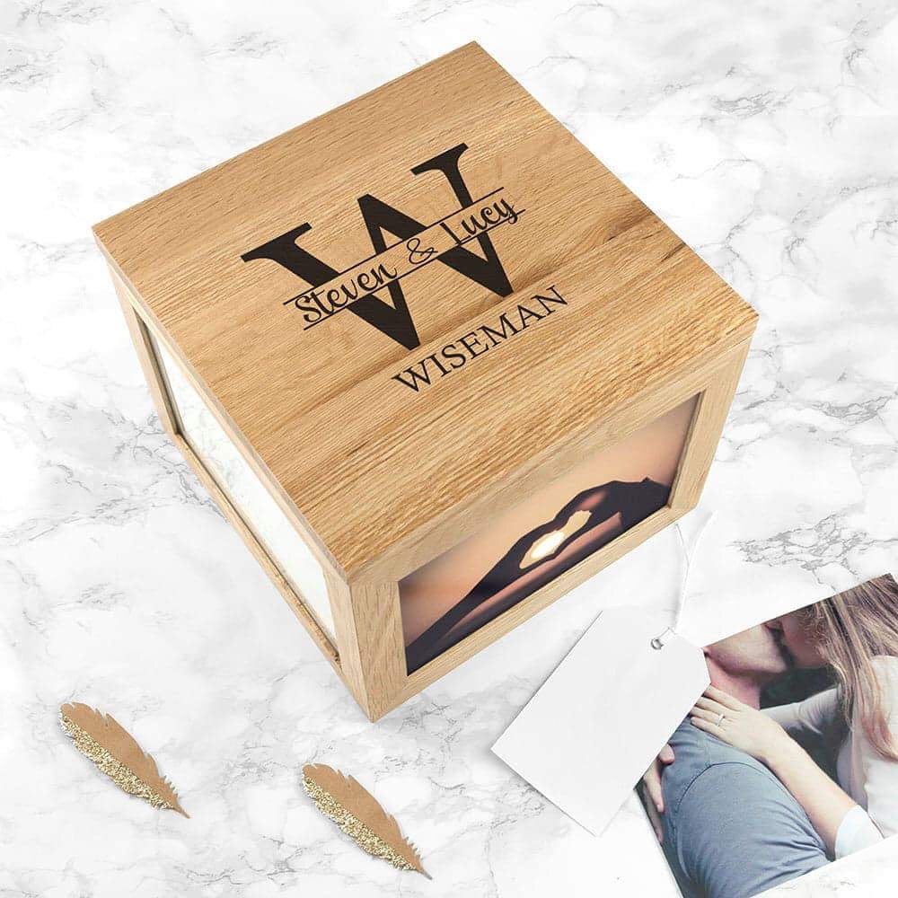 Personalised Oak Photo Keepsake Box with Couple Monogram