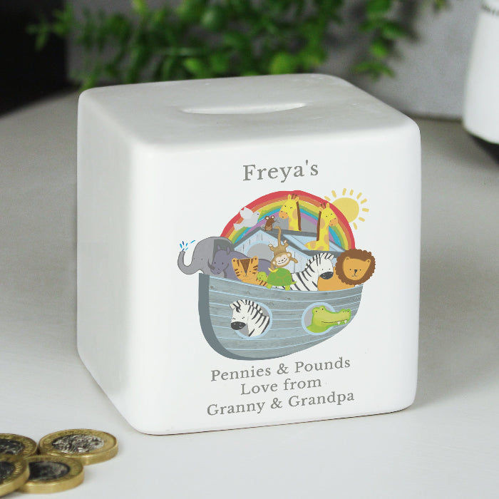 Personalised Noahs Ark Christening Ceramic Square Money Box