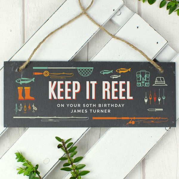 Personalised Keep It Reel Fishing Hanging Slate Sign Plaque