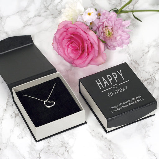 Sterling Silver Heart Necklace With Personalised Happy Birthday Gift Box