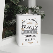 Personalised Merry & Bright Christmas White Wooden Tea light Holder