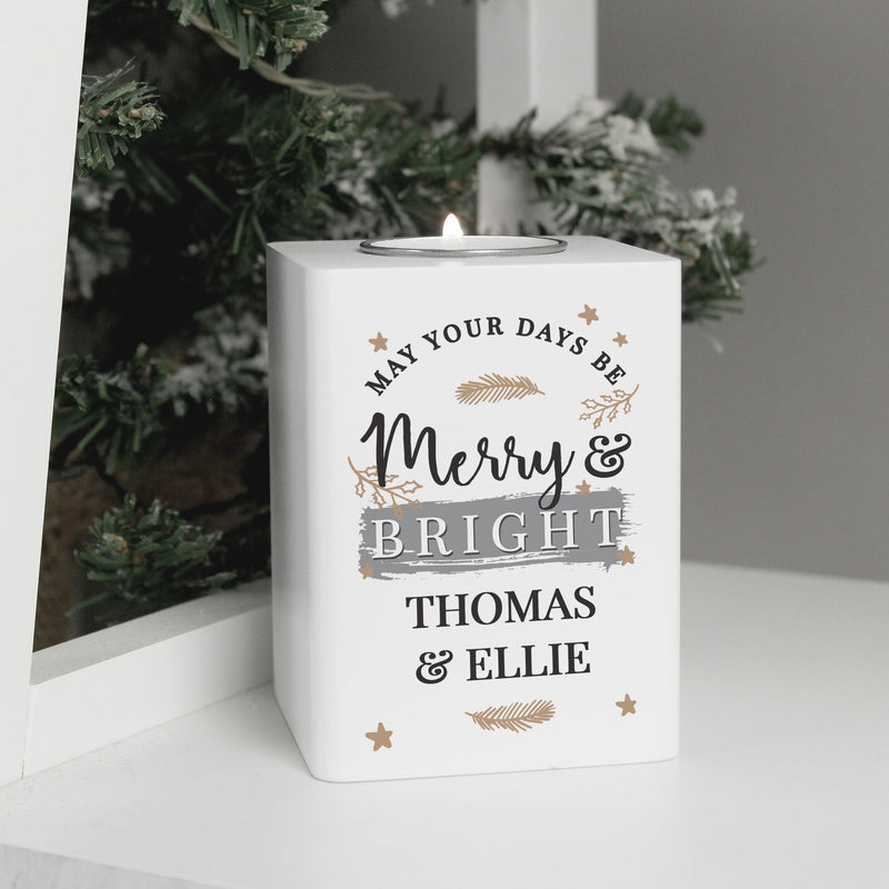 Personalised Merry & Bright Christmas White Wooden Tea light Holder