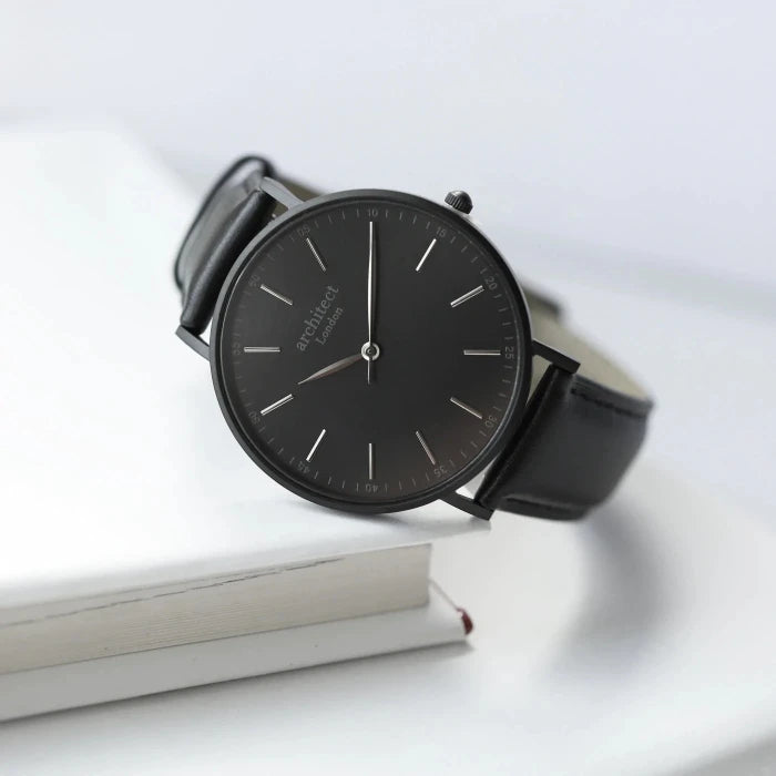 Personalised Men's Architect Minimalist Watch With Jet Black Strap