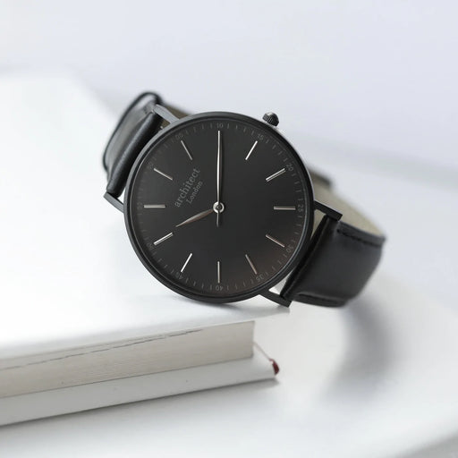 Personalised Men's Architect Minimalist Watch With Jet Black Strap