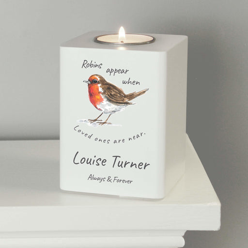 Personalised Robin In Memory Wooden Tealight Holder