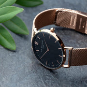 Elie Beaumont Personalised Ladies Rose Gold Mesh Strapped Watch With Black Dial