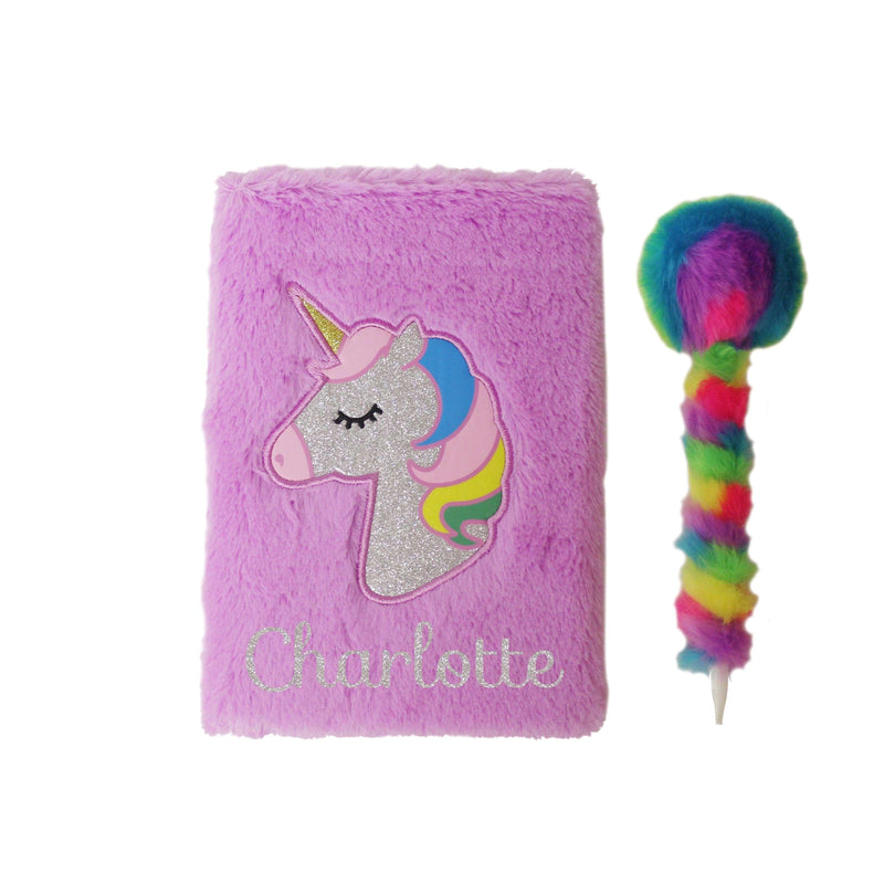 Personalised Purple Fluffy Unicorn Notebook and Fluffy Rainbow Pen - Myhappymoments.co.uk