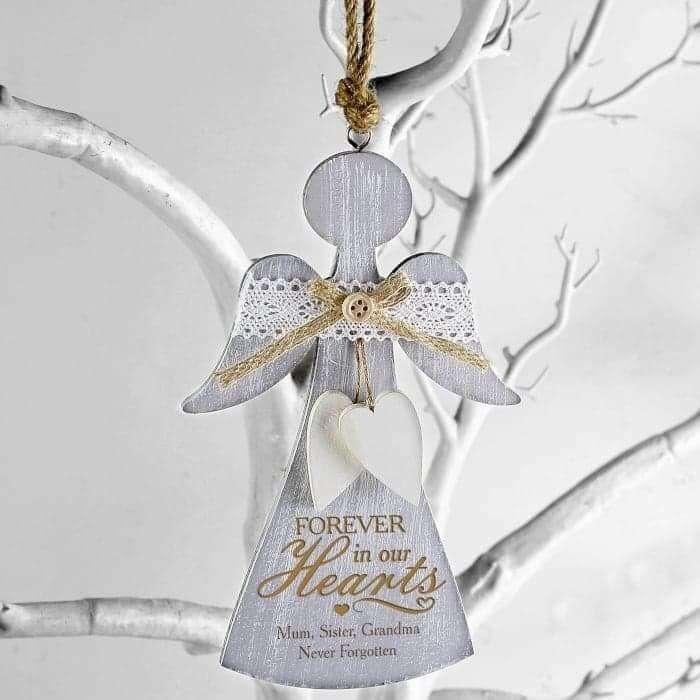 Personalised In Loving Memory Forever In Our Hearts Wooden Angel Decoration - Myhappymoments.co.uk