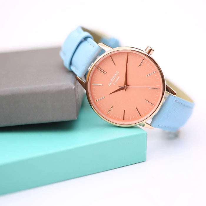 Personalised Ladies Architect Coral Watch With Light Blue Strap