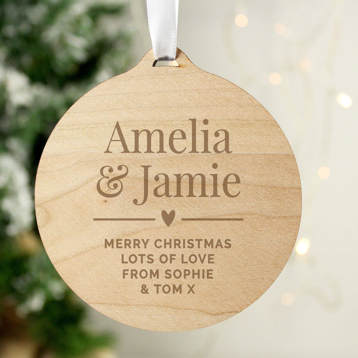 Personalised Free Text Heart Round Wooden Christmas Decoration