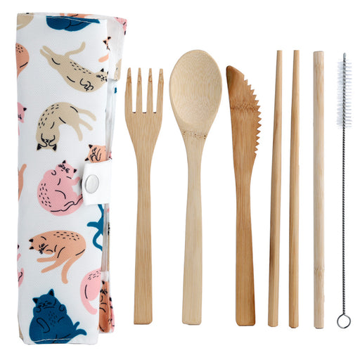Cat's Life 100% Natural Bamboo Cutlery 6 Piece Set in Canvas Holder