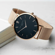 Elie Beaumont Personalised Ladies Rose Gold Mesh Strapped Watch With Black Dial