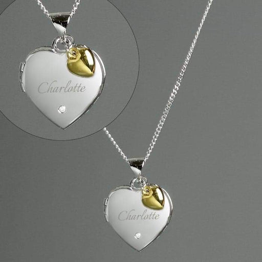 Personalised Sterling Silver Heart Locket Necklace with Diamond and 9ct Gold Charm - Myhappymoments.co.uk
