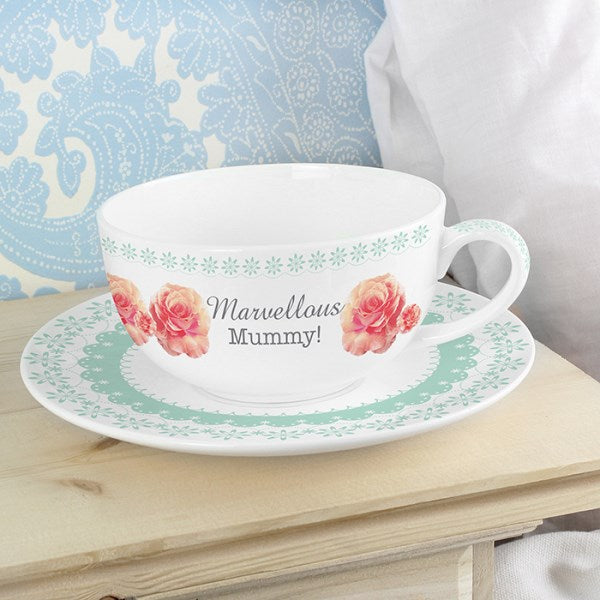 Personalised Rose Teacup & Saucer - Myhappymoments.co.uk