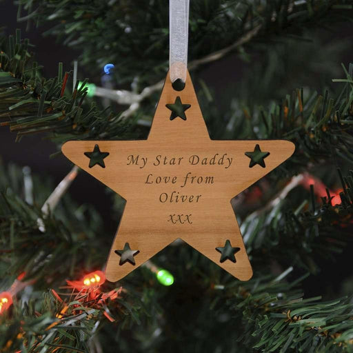 Engraved Star Wooden Hanging Tree Decoration - Own Personalised Message - Myhappymoments.co.uk