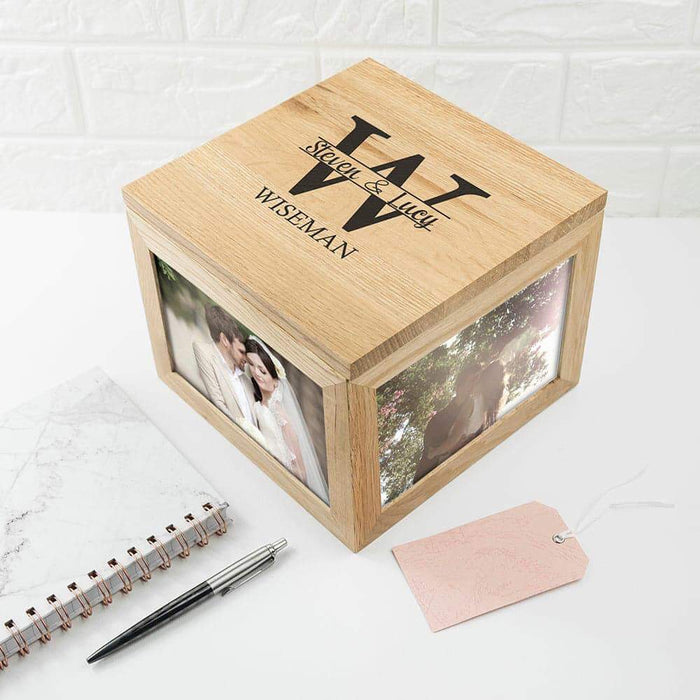 Personalised Oak Photo Keepsake Box with Couple Monogram - Myhappymoments.co.uk