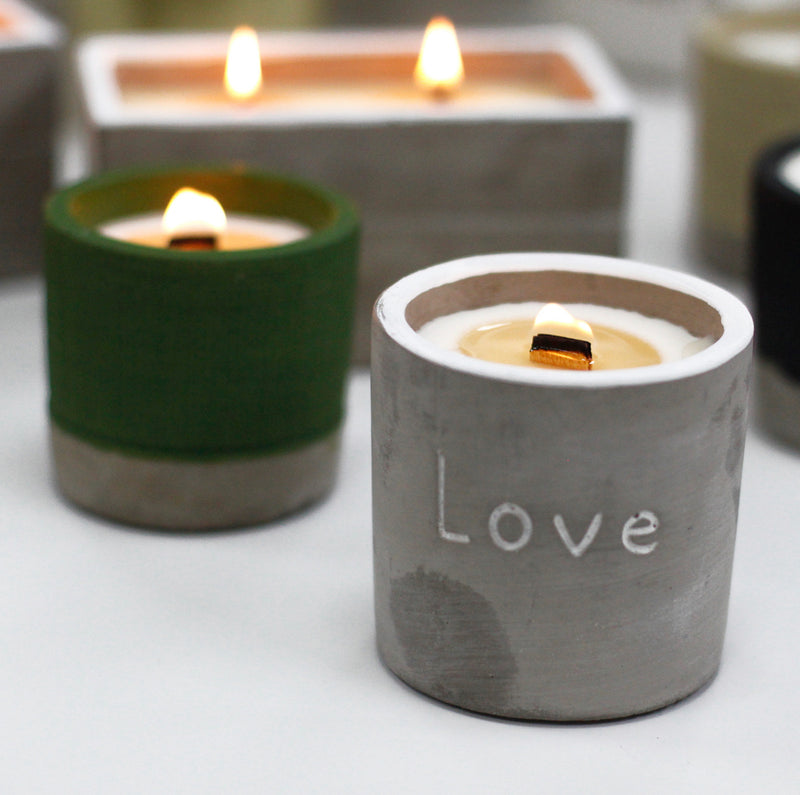 Concrete Wooden Wick Medium Candle Pot - Love - Purple Fig & Casis