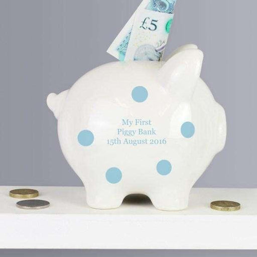 Personalised Blue Polka Dot Piggy Bank - Myhappymoments.co.uk