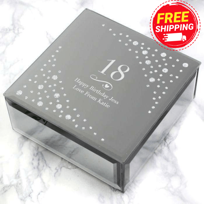Personalised Birthday Age Swirls & Hearts Diamante Glass Trinket Box