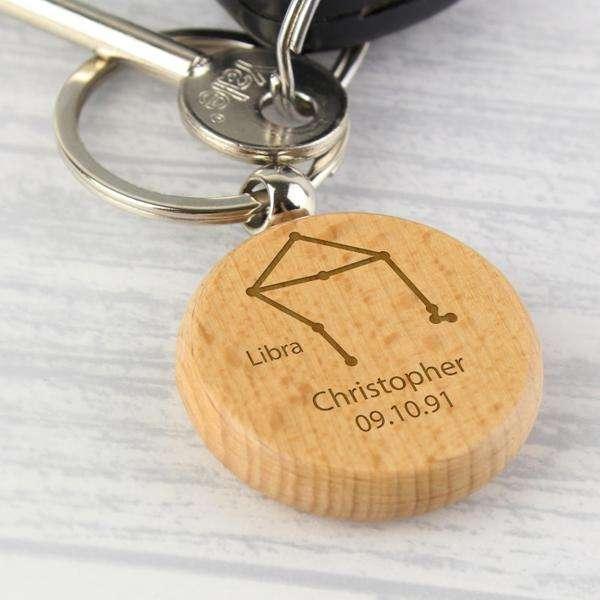 Personalised Libra Zodiac Star Sign Wooden Keyring (September 23rd - October 22nd) - Myhappymoments.co.uk