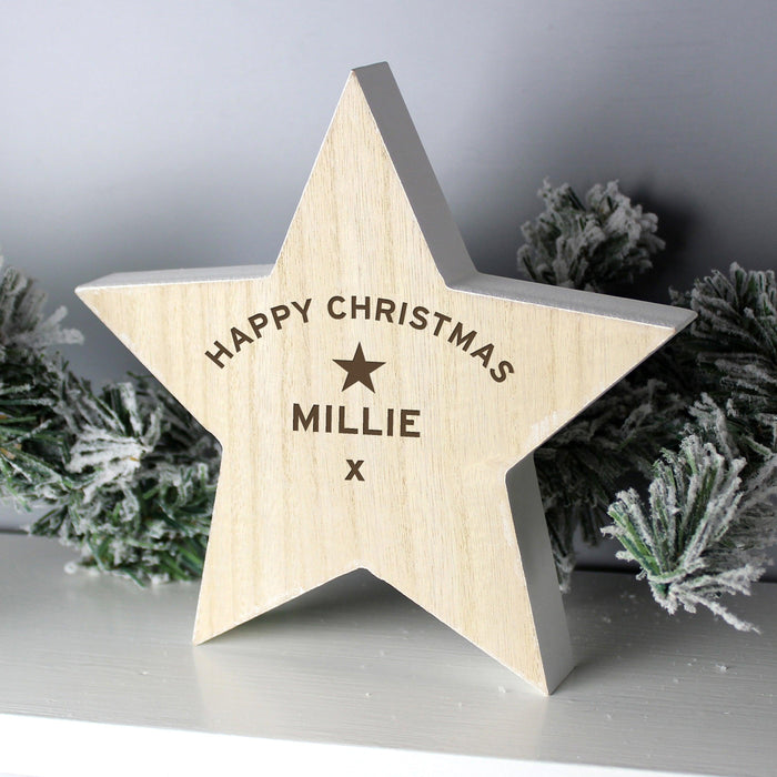 Personalised Rustic Wooden Star Christmas Decoration - Myhappymoments.co.uk