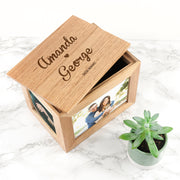 Personalised Heart Couples Midi Oak Photo Cube Keepsake Box