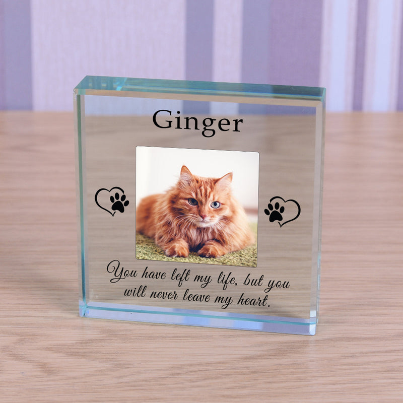 Personalised Never Leave My Heart Cat Memorial Glass Block