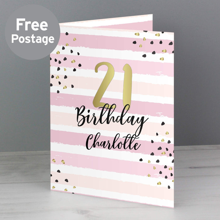 Personalised Gold and Pink Stripe Birthday Age Card