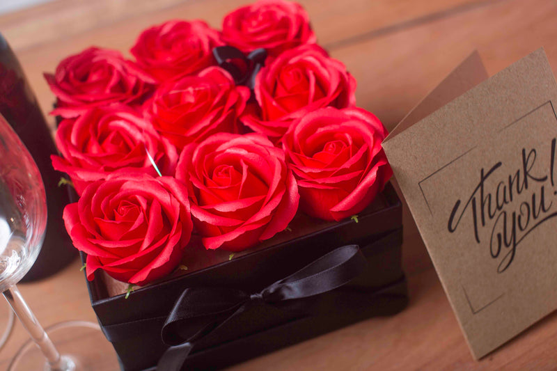 Soap Flower Gift Bouquet In Box - 9 Red Roses - Square
