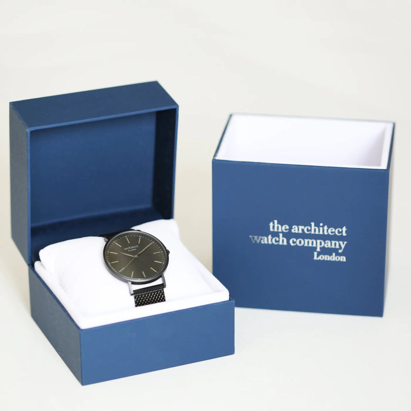 Handwriting Engraving Men's Architect Minimalist Watch With Pitch Black Mesh Strap