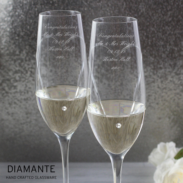 Personalised Crystal Heart Wedding Champagne Flute Glasses