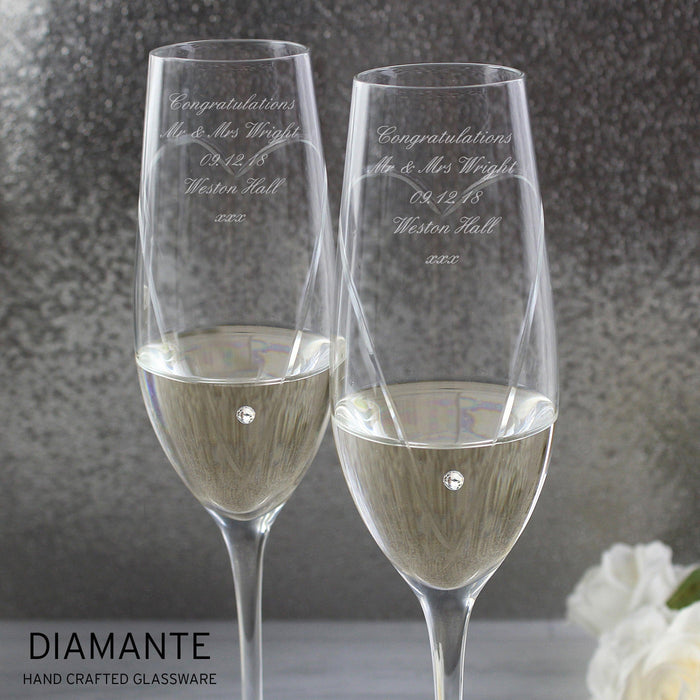 Personalised Diamante Hand Cut Heart Pair of Flute Glasses with Gift Box - Myhappymoments.co.uk