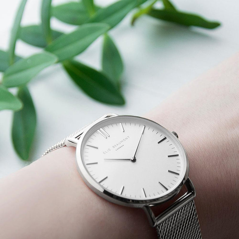 Elie Beaumont Personalised Ladies Metallic Mesh Strapped Watch With White Dial