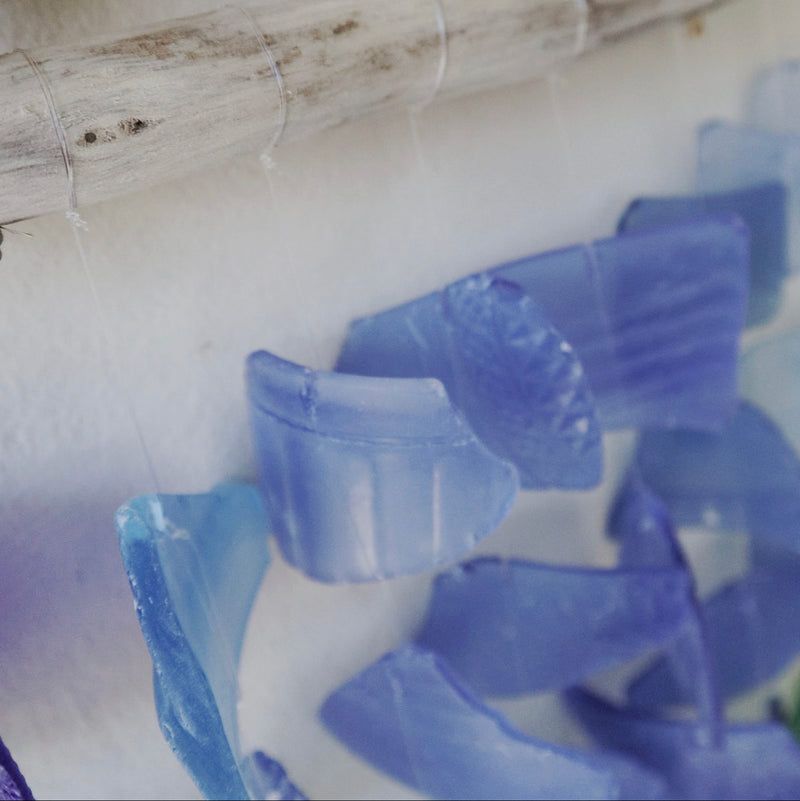 Three Stick Recycled Glass Driftwood Wind Chime - All Blues