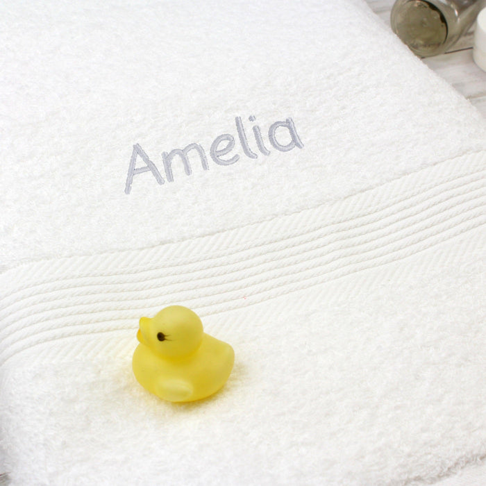 Personalised White Bath Towel - Grey