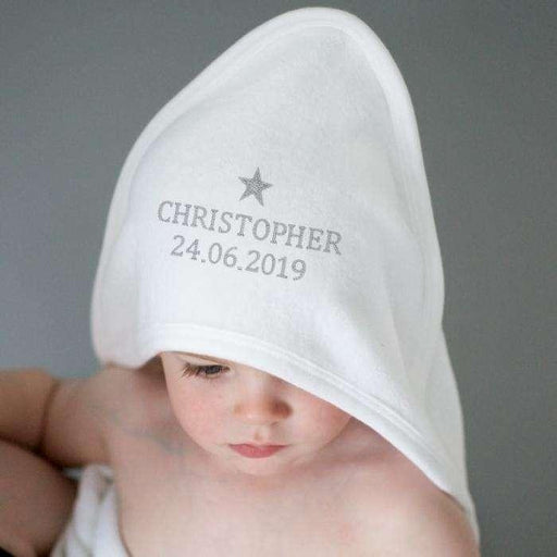Personalised Silver Star Baby White Hooded Towel - Myhappymoments.co.uk